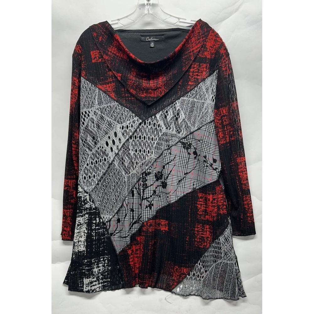 Calessa Womens Size 2X 3/4 Sleeve Red Black Scoop Neck Top (K2)